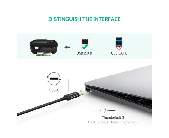Кабель для принтера USB-C 2.0 to BM 2.0m US241 black UGREEN (50446), изображение 3