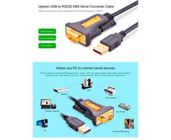 Кабель для передачі даних USB to COM M 1.5m DB9 RS-232 CR104 black Ugreen (20211), зображення 8