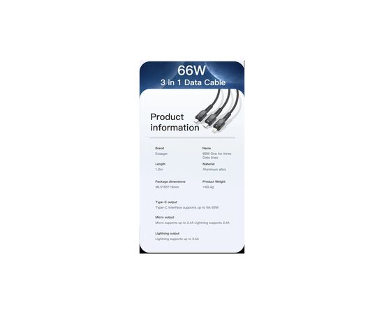 Дата кабель USB 2.0 AM to Lightning + Micro 5P + Type-C 1.2m 66W black Essager (EXCMTL-XJ01), зображення 10