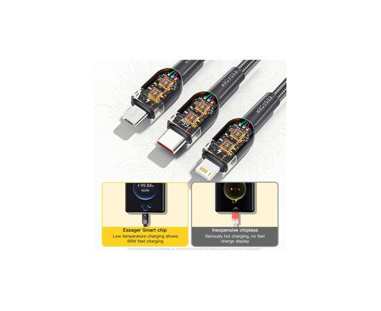 Дата кабель USB 2.0 AM to Lightning + Micro 5P + Type-C 1.2m 66W black Essager (EXCMTL-XJ01), зображення 7