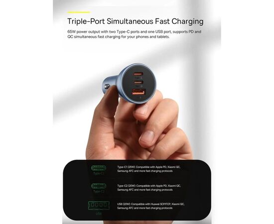 Зарядное устройство Baseus 1xUSB + 2xUSB-C 65W Golden Contactor Pro dark gray (CGJP010013), изображение 8