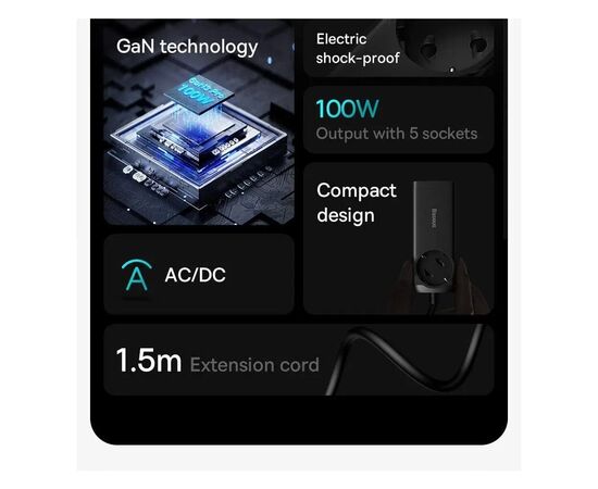 Зарядное устройство Baseus AC + 2xUSB-C 100W + 2xUSB + cable USB-C to USB-C 100W 1.0m black (PSZM000401), изображение 10