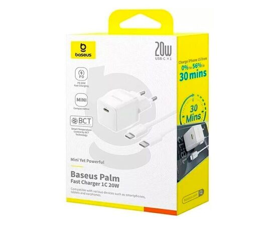 Зарядное устройство Baseus 1xUSB-C 20W + 1xUSB white + cable USB-C to USB-C 60W 1.0m (P10111608213-01), изображение 6