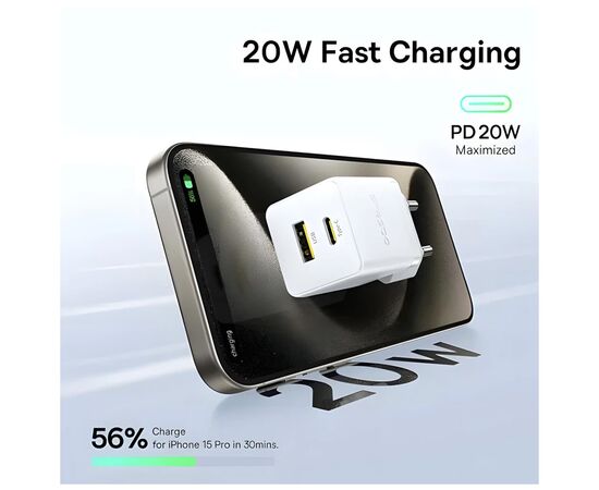 Зарядное устройство Baseus 1xUSB-C 20W + 1xUSB white + cable USB-C to USB-C 60W 1.0m (P10111608213-01), изображение 8