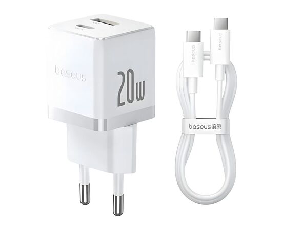 Зарядное устройство Baseus 1xUSB-C 20W + 1xUSB white + cable USB-C to USB-C 60W 1.0m (P10111608213-01)