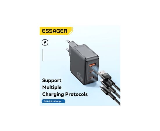 Зарядное устройство Essager 2xUSB-C + 1xUSB 65W GaN black (ECT2CA-JZB01-Z), изображение 2 Зарядное устройство Essager 2xUSB-C + 1xUSB 65W GaN black (ECT2CA-JZB01-Z), изображение 2