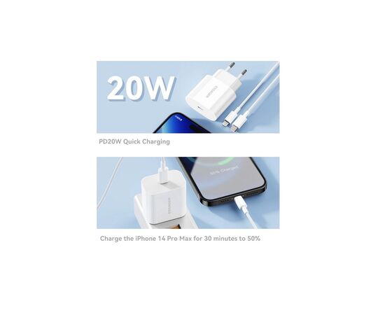 Зарядное устройство Essager USB-C PD20W + cable USB-C to Lightning white (EFJB02-XBL02-T), изображение 2 Зарядное устройство Essager USB-C PD20W + cable USB-C to Lightning white (EFJB02-XBL02-T), изображение 2