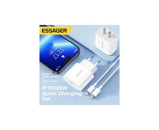 Зарядное устройство Essager USB-C PD20W + cable USB-C to Lightning white (EFJB02-XBL02-T), изображение 3 Зарядное устройство Essager USB-C PD20W + cable USB-C to Lightning white (EFJB02-XBL02-T), изображение 3