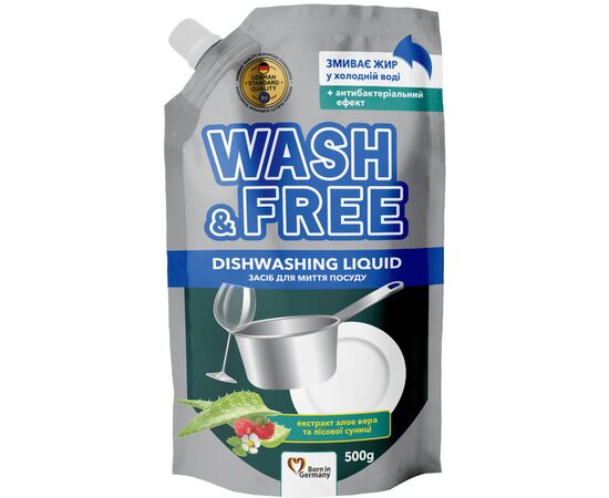 Засіб для ручного миття посуду Wash&Free Екстракт алое вера та лісової суниці Дой-пак 500 г (4823128001300)