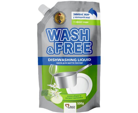 Средство для ручного мытья посуды Wash&Free Зеленое яблоко и экстракт эдельвейса дой-пак 500 г (4260637724656/4823128001324)