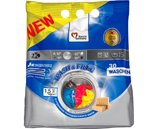 Стиральный порошок Wash&Free Universal со стружкой хозяйственного мыла 1.5 кг (4262396140616/4823128002024)