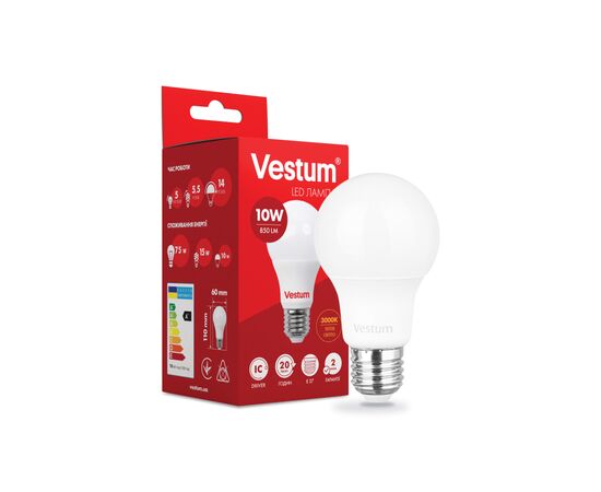 Лампочка Vestum A60 10W 3000K 220V E27 (1-VS-1106), зображення 2