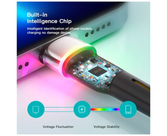 Дата кабель USB 2.0 AM to Lightning 2.0m 2.4A LED black Essager (EXCL-XCDA01), изображение 10
