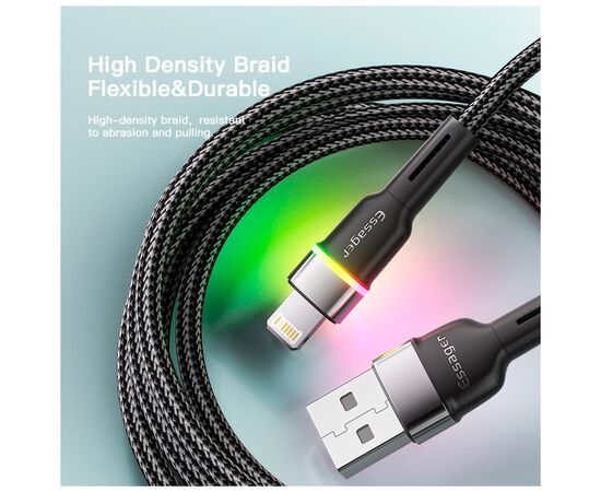 Дата кабель USB 2.0 AM to Lightning 2.0m 2.4A LED black Essager (EXCL-XCDA01), изображение 3