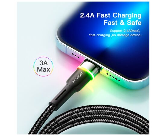 Дата кабель USB 2.0 AM to Lightning 2.0m 2.4A LED black Essager (EXCL-XCDA01), изображение 5