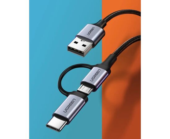Дата кабель USB 2.0 AM to USB-C + Micro 5P 1.0m 3A US177 black Ugreen (30875), изображение 2
