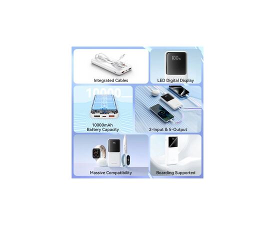 Батарея универсальная Vention 10000mAh 22.5W 3A PD, Built-in USB-C+Lightning Cables, White (FHOW0), изображение 5