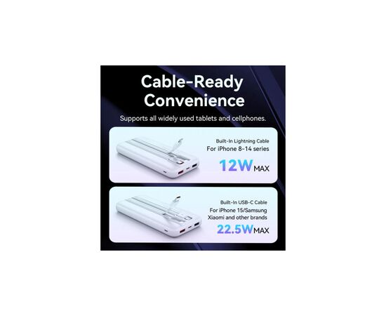 Батарея универсальная Vention 10000mAh 22.5W 3A PD, Built-in USB-C+Lightning Cables, White (FHOW0), изображение 7