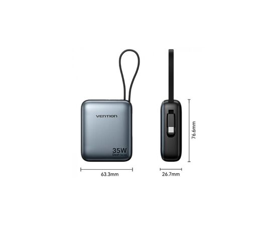 Батарея универсальная Vention 10000mAh 35W 3A PD, Type-C in/out, Built-in USB-C Cable, LED Display,Gray (FHEH0), изображение 3