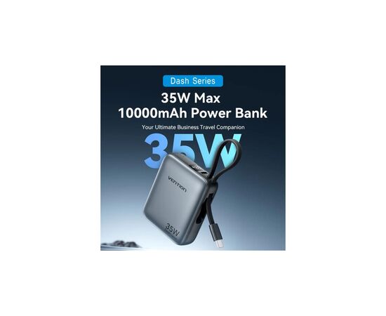 Батарея универсальная Vention 10000mAh 35W 3A PD, Type-C in/out, Built-in USB-C Cable, LED Display,Gray (FHEH0), изображение 5