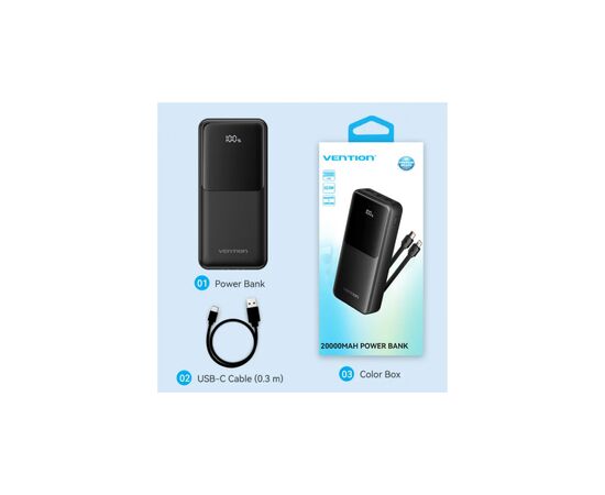 Батарея универсальная Vention 20000mAh 22.5W 3A PD, Built-in USB-C+Lightning Cables, Black (FHPB0), изображение 4