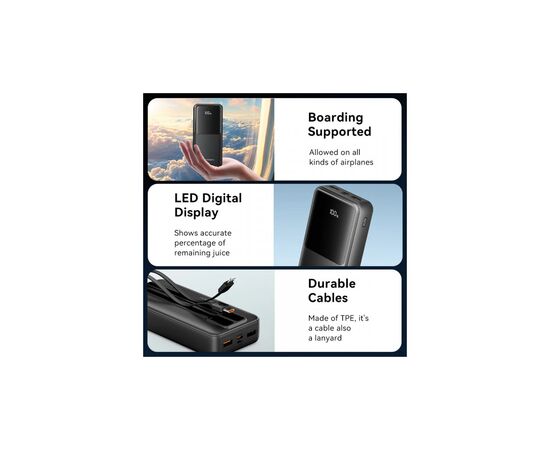 Батарея универсальная Vention 20000mAh 22.5W 3A PD, Built-in USB-C+Lightning Cables, Black (FHPB0), изображение 7