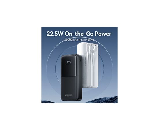Батарея универсальная Vention 20000mAh 22.5W 3A, PD, QC/3.0, Built-in USB-C+Lightning Cables, White (FHPW0), изображение 3