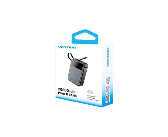 Батарея универсальная Vention 20000mAh 65W 3A PD, QC/3.0, USB-A, Type-C OUT, with Built-in USB-C Cable, LED Display (FHYB0), изображение 2