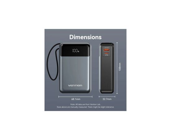 Батарея универсальная Vention 20000mAh 65W 3A PD, QC/3.0, USB-A, Type-C OUT, with Built-in USB-C Cable, LED Display (FHYB0), изображение 3
