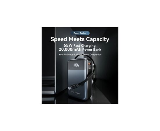 Батарея универсальная Vention 20000mAh 65W 3A PD, QC/3.0, USB-A, Type-C OUT, with Built-in USB-C Cable, LED Display (FHYB0), изображение 4