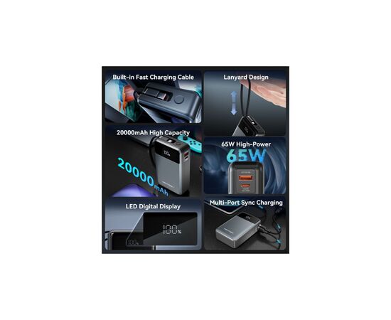 Батарея универсальная Vention 20000mAh 65W 3A PD, QC/3.0, USB-A, Type-C OUT, with Built-in USB-C Cable, LED Display (FHYB0), изображение 5