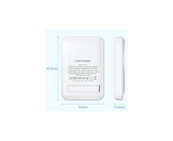 Батарея універсальна Vention Magnetic Wireless 5000mAh 20W 3A, PD USB-C, Light Indicator, White (FHSW0), зображення 2