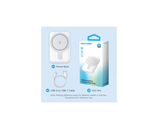 Батарея універсальна Vention Magnetic Wireless 5000mAh 20W 3A, PD USB-C, Light Indicator, White (FHSW0), зображення 4