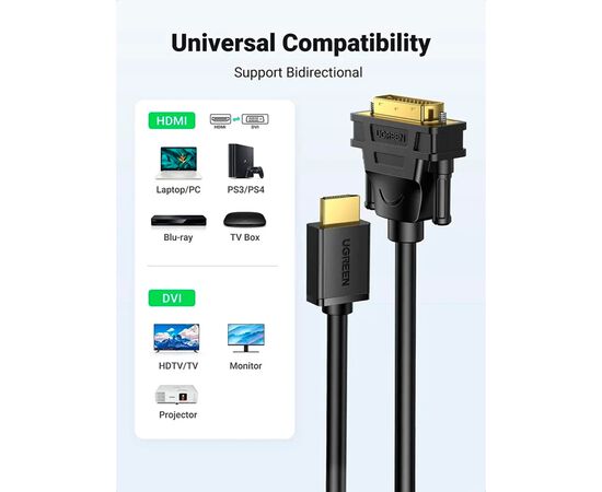 Кабель мультимедійний HDMI M to DVI M 1.5m HD106 black Ugreen (11150), зображення 2