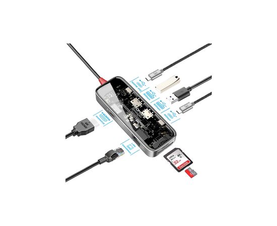 Концентратор Promate USB-C 8-in-1 USB-C PD100W + HDMI 4K60Hz + USBC + 2xUSB 3.0 + RJ45 1000Mbps + SD/MicroSD grey (transhub-mini), изображение 2