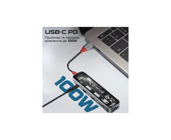 Концентратор Promate USB-C 8-in-1 USB-C PD100W + HDMI 4K60Hz + USBC + 2xUSB 3.0 + RJ45 1000Mbps + SD/MicroSD grey (transhub-mini), изображение 3