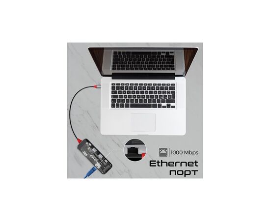 Концентратор Promate USB-C 8-in-1 USB-C PD100W + HDMI 4K60Hz + USBC + 2xUSB 3.0 + RJ45 1000Mbps + SD/MicroSD grey (transhub-mini), изображение 6