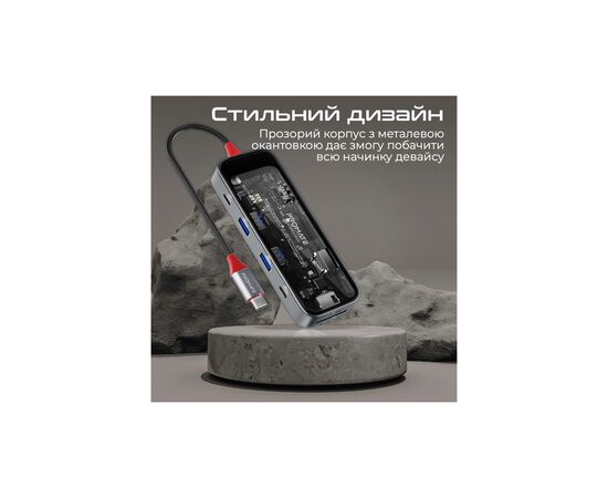 Концентратор Promate USB-C 8-in-1 USB-C PD100W + HDMI 4K60Hz + USBC + 2xUSB 3.0 + RJ45 1000Mbps + SD/MicroSD grey (transhub-mini), изображение 7