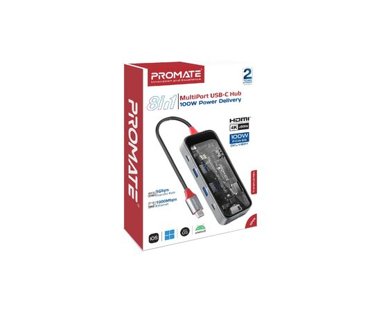 Концентратор Promate USB-C 8-in-1 USB-C PD100W + HDMI 4K60Hz + USBC + 2xUSB 3.0 + RJ45 1000Mbps + SD/MicroSD grey (transhub-mini), изображение 9
