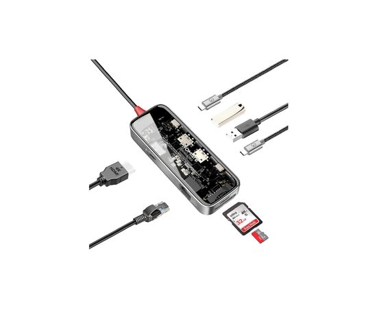 Концентратор Promate USB-C 8-in-1 USB-C PD100W + HDMI 4K60Hz + USBC + 2xUSB 3.0 + RJ45 1000Mbps + SD/MicroSD grey (transhub-mini)