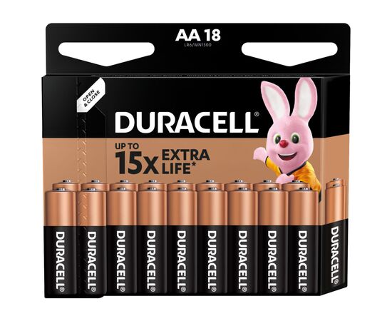 Батарейка Duracell AA лужні 18 шт. в упаковці (5000394107519 / 5006192), зображення 2