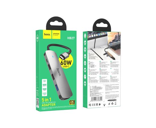 Концентратор HOCO USB-C to HDMI+USB3.0+2xUSB2.0+PD HB27 Metal Gray (6931474769329), изображение 4