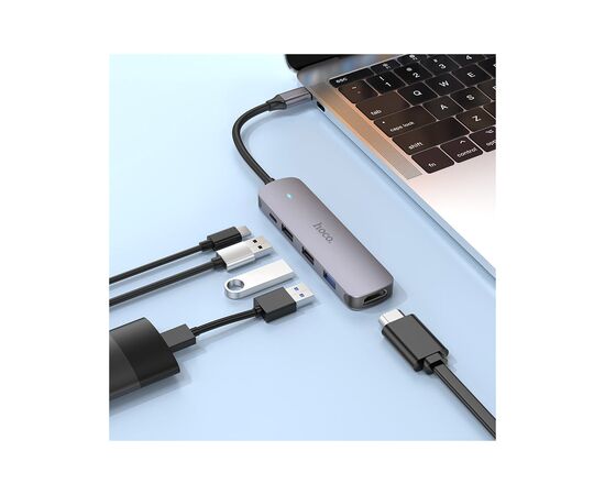 Концентратор HOCO USB-C to HDMI+USB3.0+2xUSB2.0+PD HB27 Metal Gray (6931474769329), изображение 5