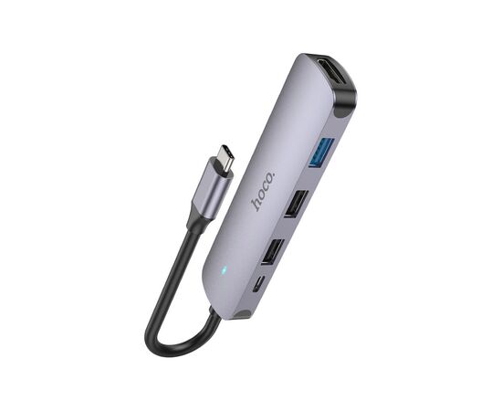 Концентратор HOCO USB-C to HDMI+USB3.0+2xUSB2.0+PD HB27 Metal Gray (6931474769329)