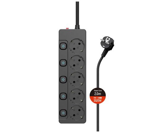Мережевий фільтр живлення ColorWay CW-PSEA52SBK 5 розеток2м (CW-PSEA52SBK), зображення 4