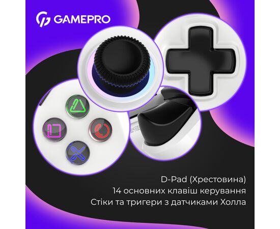 Геймпад GamePro із зарядною станцією 2.4G/BT 5.1/USB (Switch/PC/PS/iOS/Android) RGB White (GPS20W), изображение 9