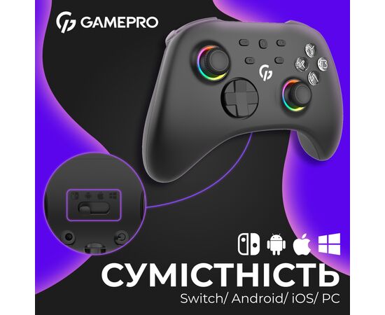 Геймпад GamePro із зарядною станцією BT 5.3/USB/2.4 ГГц (Switch/PC/iOS/Android) RGB Black (GPX13BDOC), изображение 4