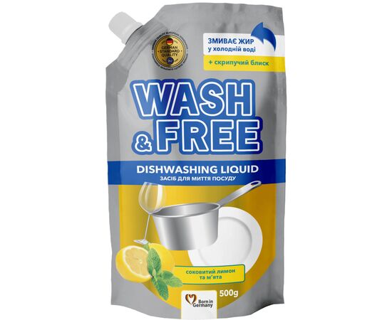 Средство для ручного мытья посуды Wash&Free Сочный лимон и мята Дой-пак 500 г (4823128001317)