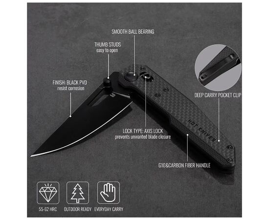 Ніж Hightron Sharplyn, 14C28N, G10 + CF, чорний, чорний клинок (HK01BLK), зображення 11