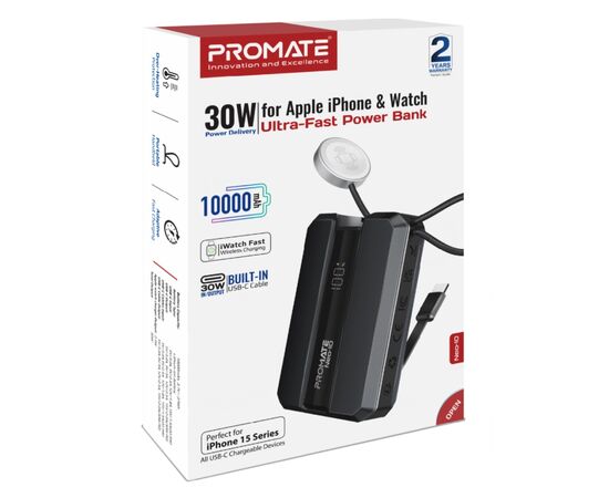 Батарея универсальная Promate 10000mAh PD/30W, iWatch charging (neo-10.black), изображение 2